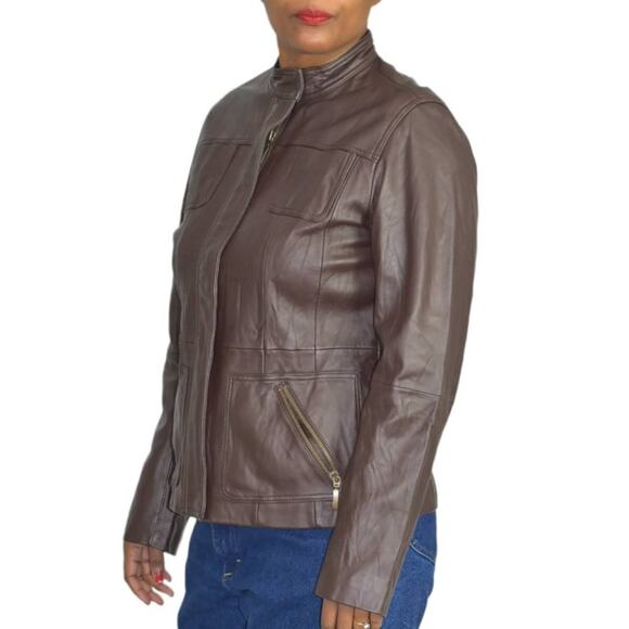Chicos Leather Jacket Brown Cafe Racer Biker Pockets Zippered Size Small Davita - Picture 11 of 15